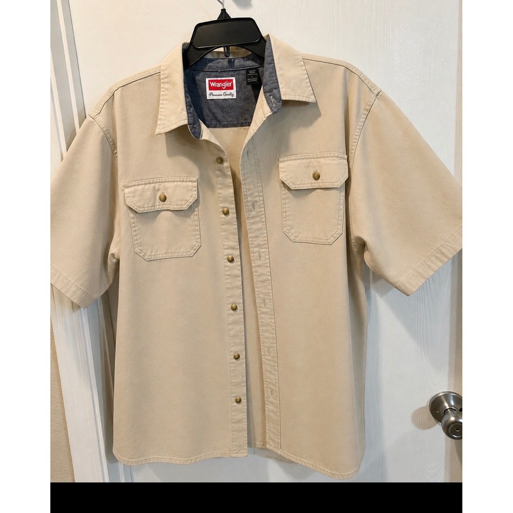 Wrangler Mens Khaki Tan Cotton Twill Short Sleeve Button Down Work Shirt Large